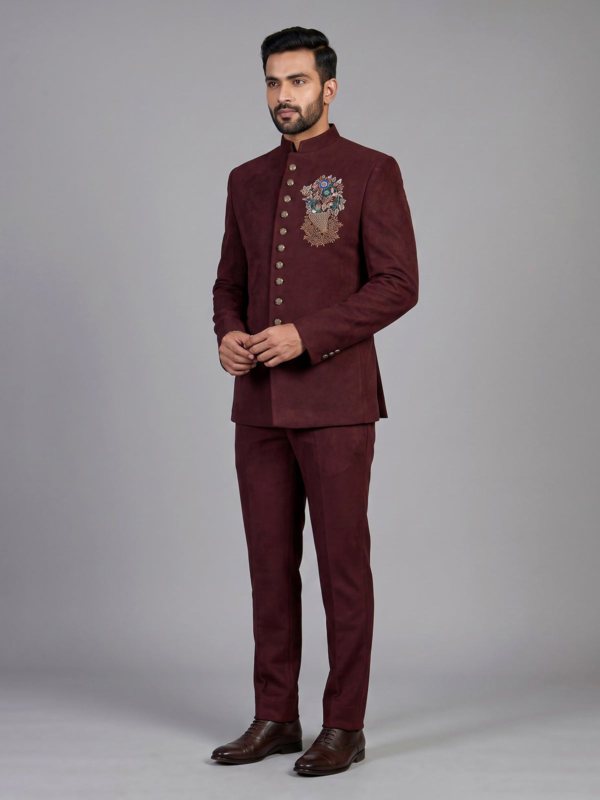 Wine mens floral zardosi jodhpuri suit