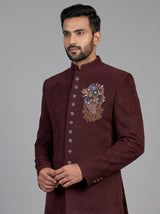 Wine mens floral zardosi jodhpuri suit
