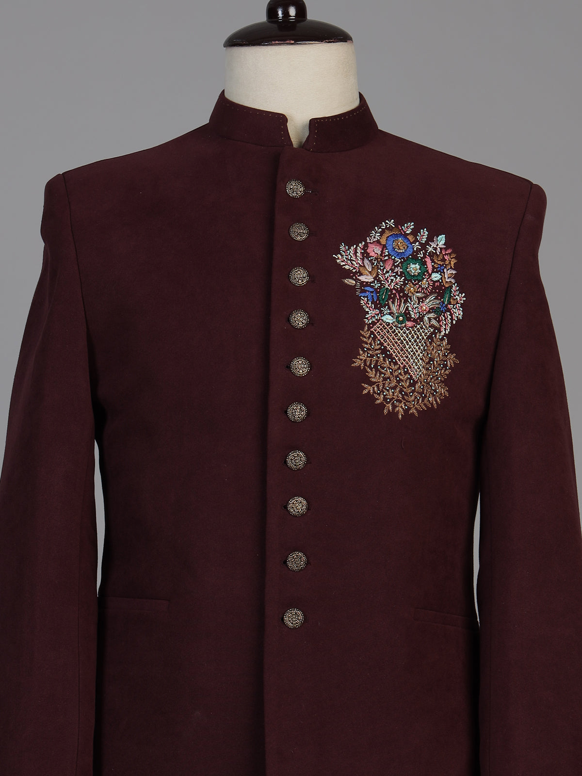 Wine mens floral zardosi jodhpuri suit