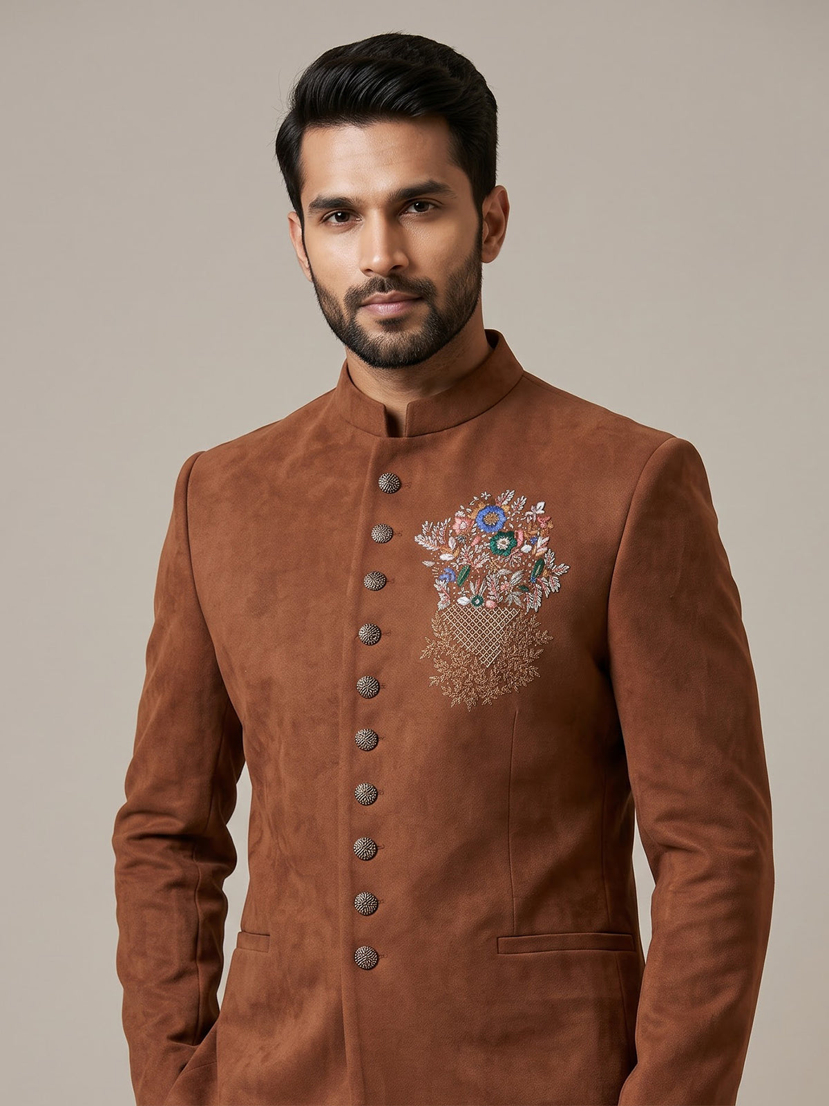 Rust orange mens floral zardosi jodhpuri suit