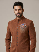 Rust orange mens floral zardosi jodhpuri suit