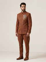 Rust orange mens floral zardosi jodhpuri suit