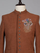 Rust orange mens floral zardosi jodhpuri suit