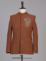 Rust orange mens floral zardosi jodhpuri suit