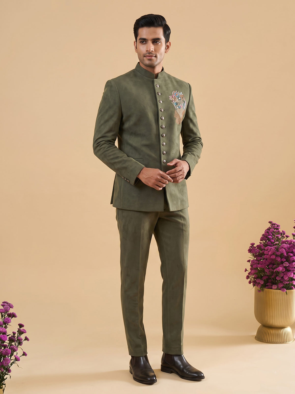 Olive mens floral zardosi jodhpuri suit