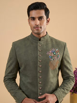 Olive mens floral zardosi jodhpuri suit