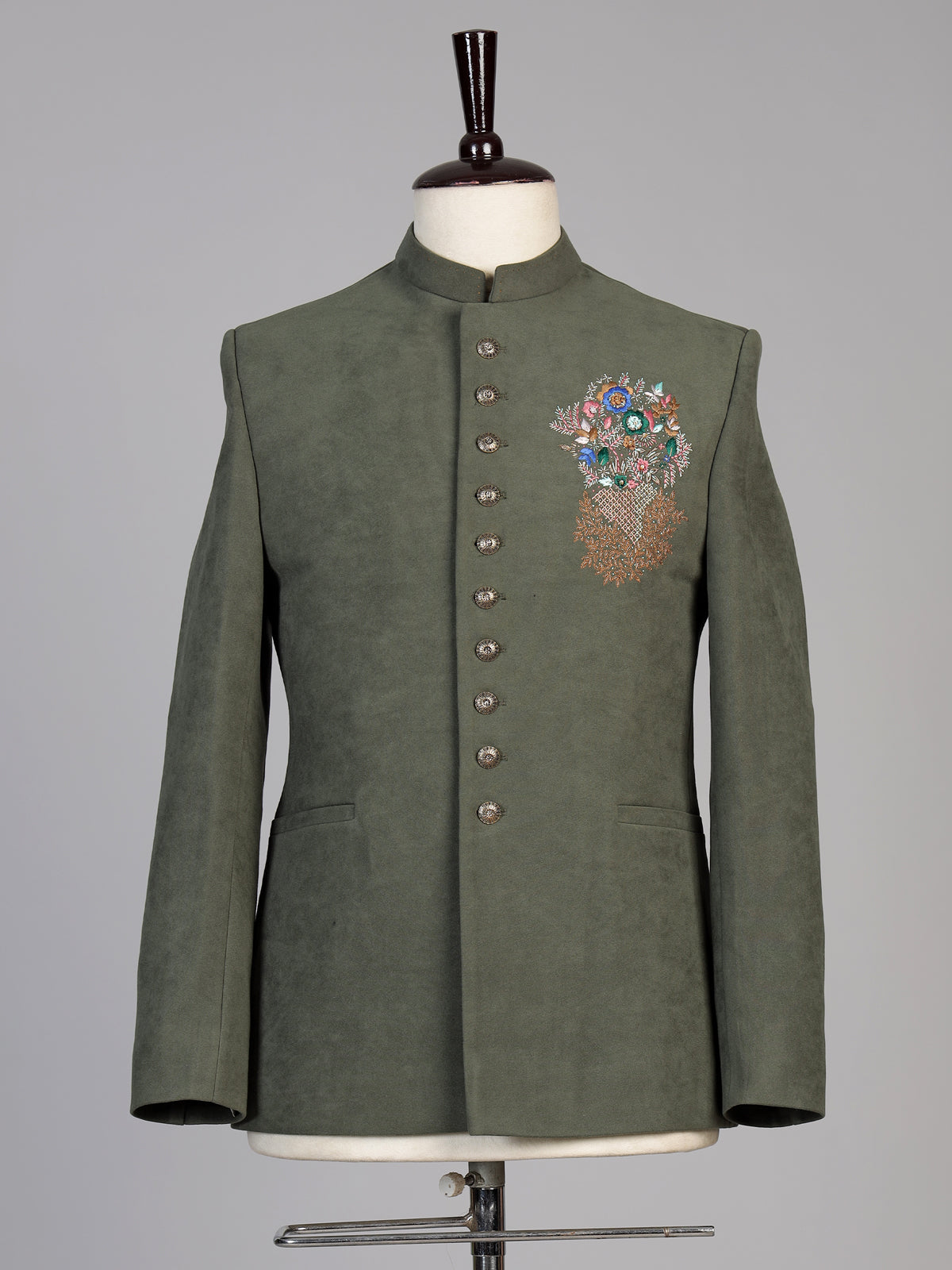 Olive mens floral zardosi jodhpuri suit