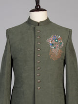 Olive mens floral zardosi jodhpuri suit