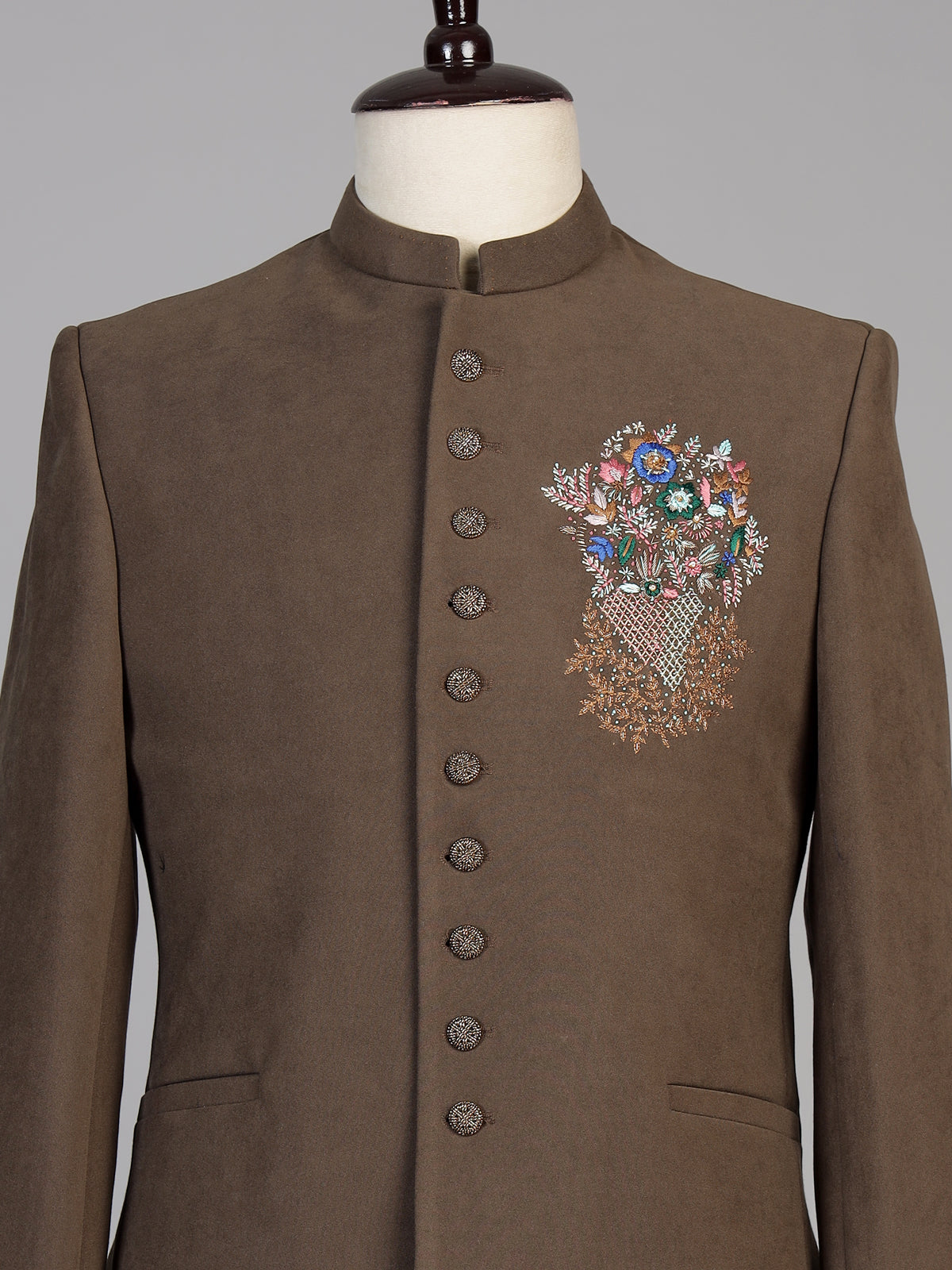 Brown mens floral zardosi jodhpuri suit