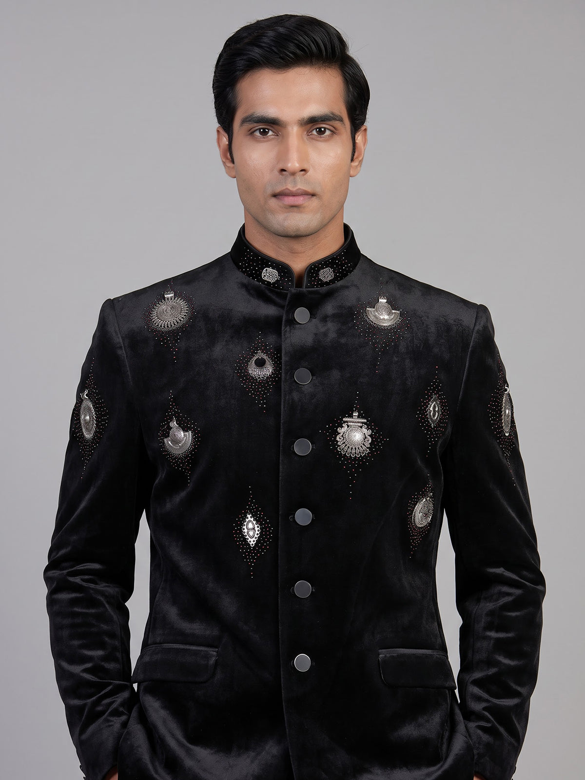 Black mens swarovski embellished jodhpuri suit