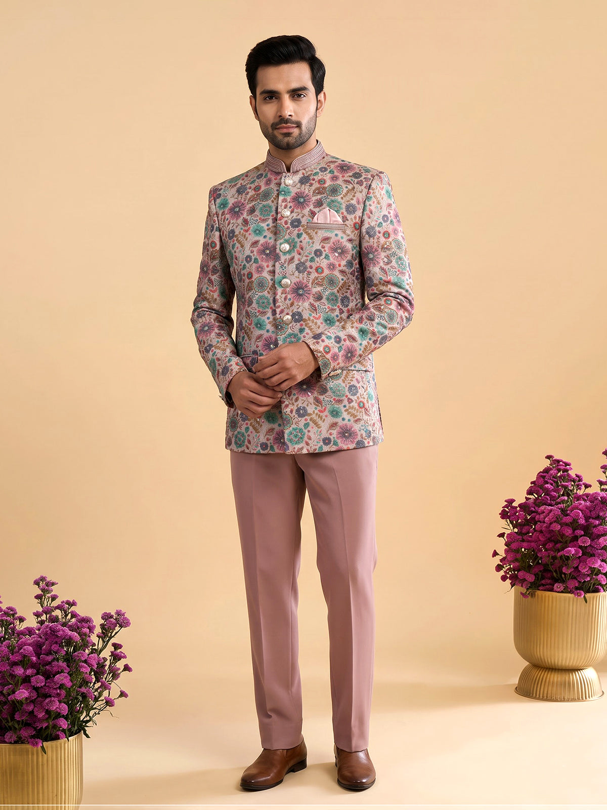 Purple mens botanical embroidered jodhpuri suit