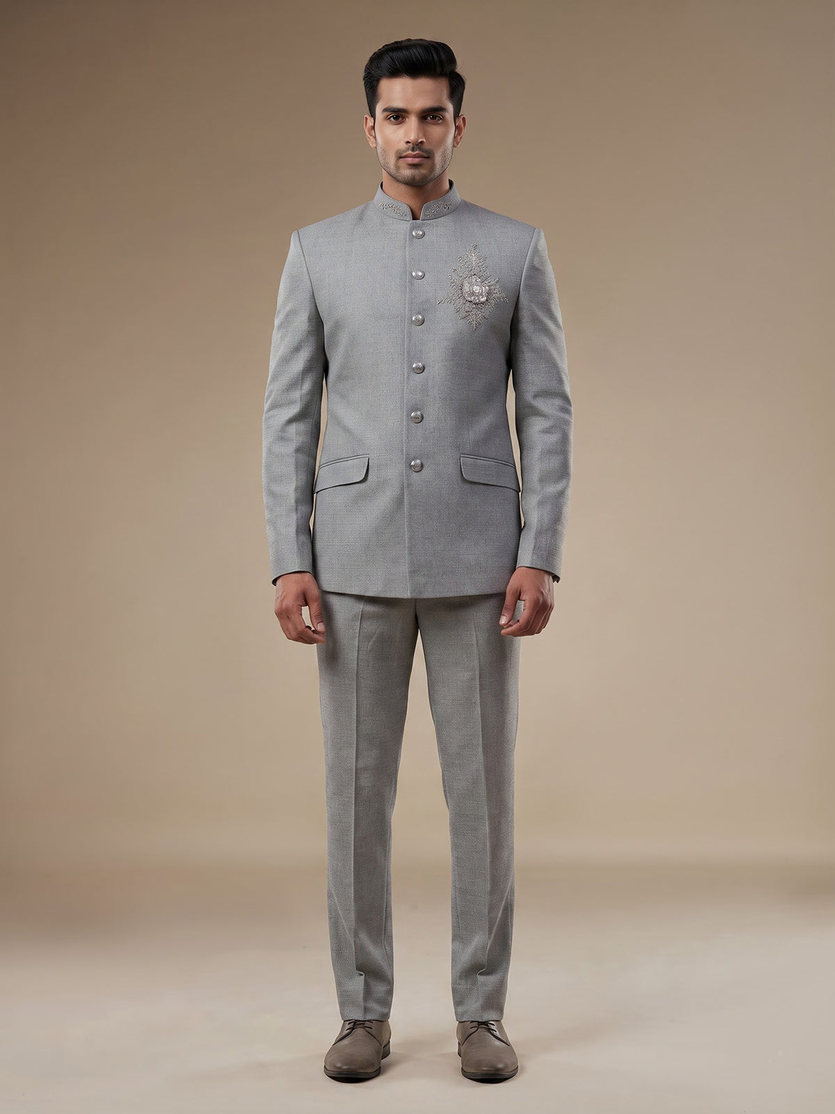 Grey mens royal medallion jodhpuri suit