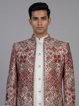 Cream mens geometric embroidered jacket indo western