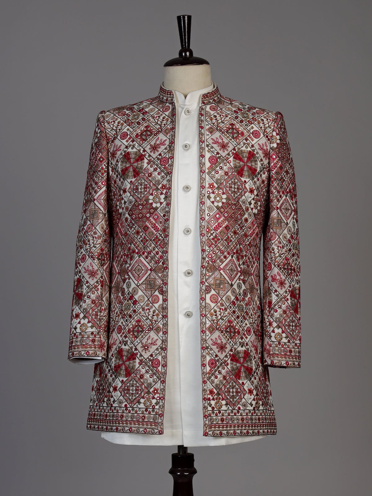 Cream mens geometric embroidered jacket indo western