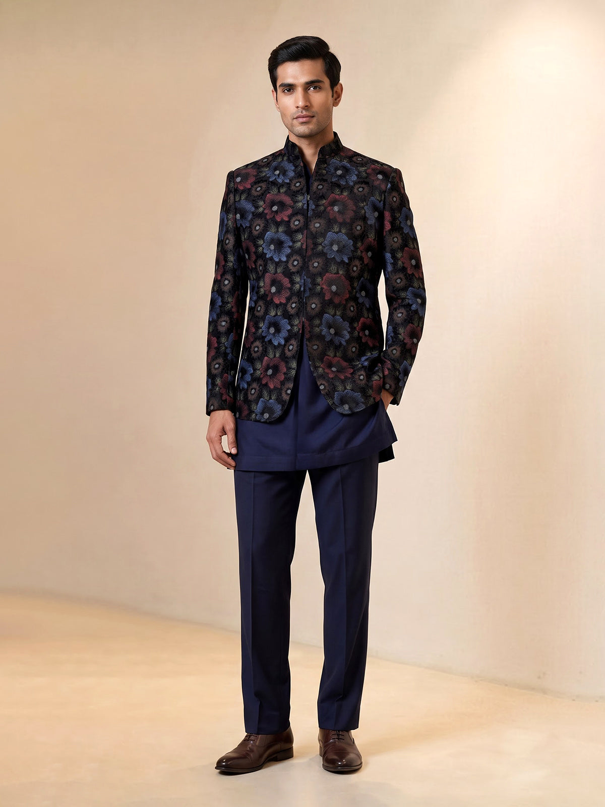 Navy blue mens floral brocade jacket indo western