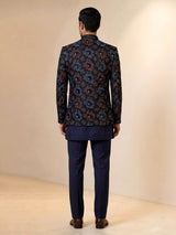 Navy blue mens floral brocade jacket indo western