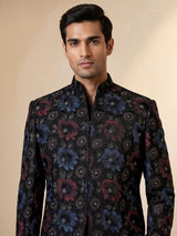 Navy blue mens floral brocade jacket indo western