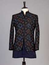 Navy blue mens floral brocade jacket indo western