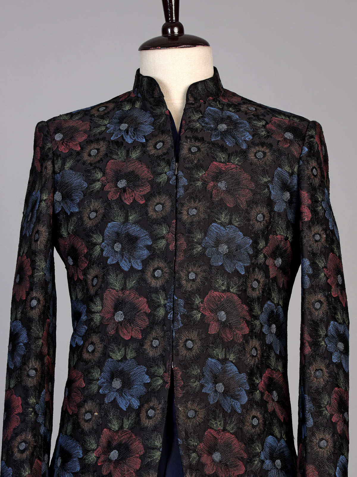 Navy blue mens floral brocade jacket indo western