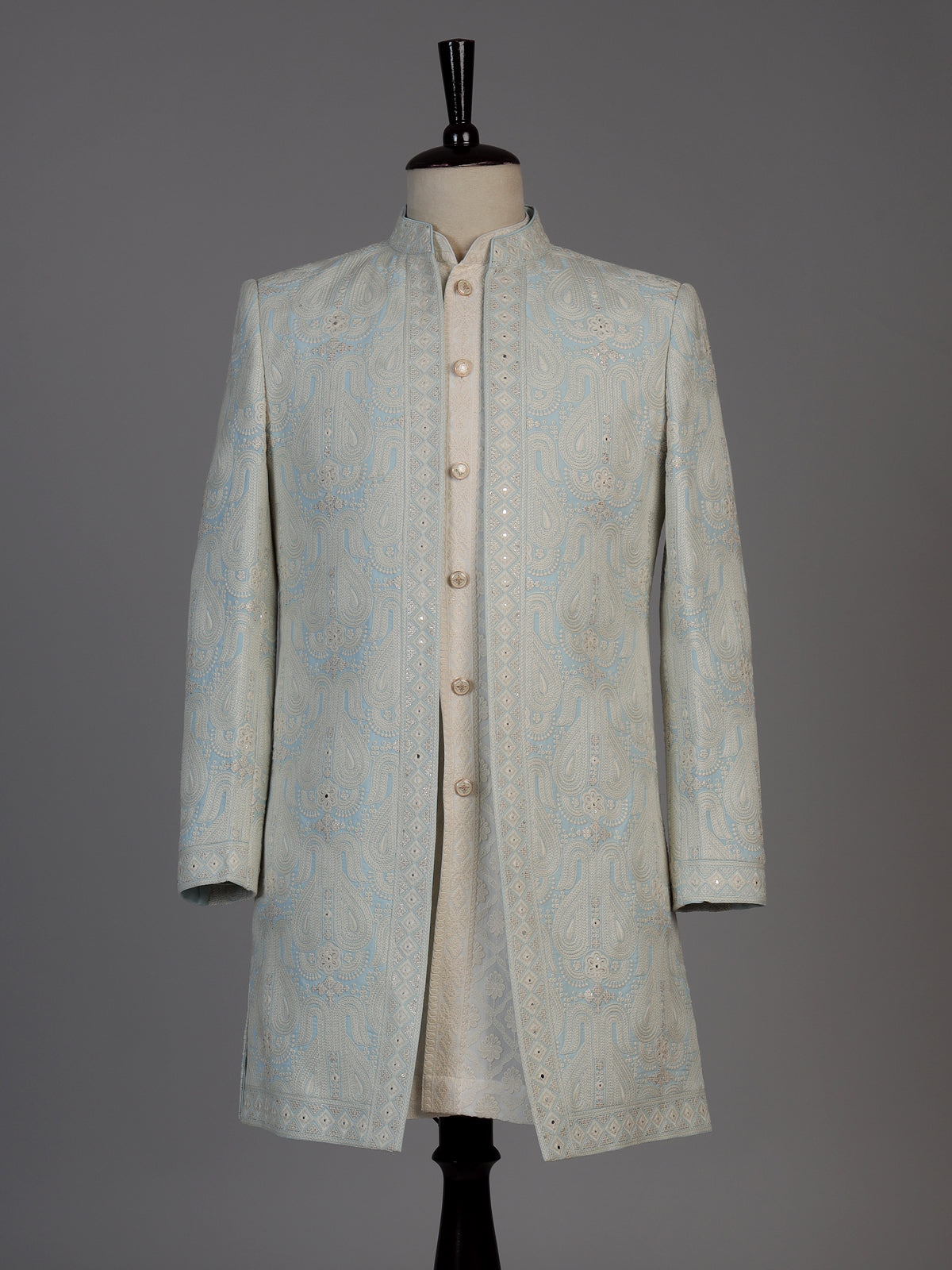 Ice blue mens chikankari jacket indo western