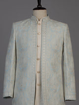 Ice blue mens chikankari jacket indo western