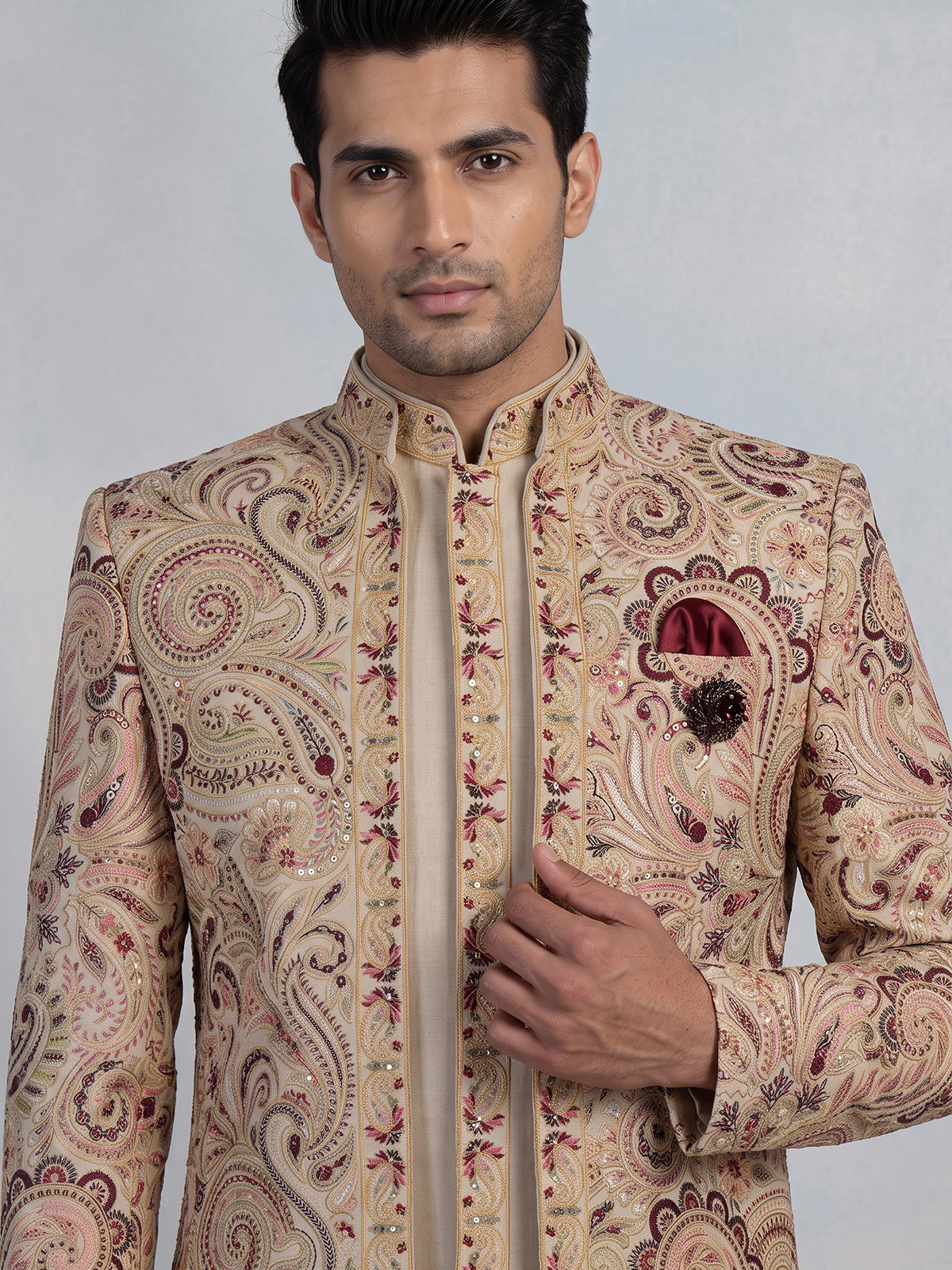 Beige mens Kashmiri embroidered jacket indo western