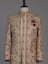 Beige mens Kashmiri embroidered jacket indo western
