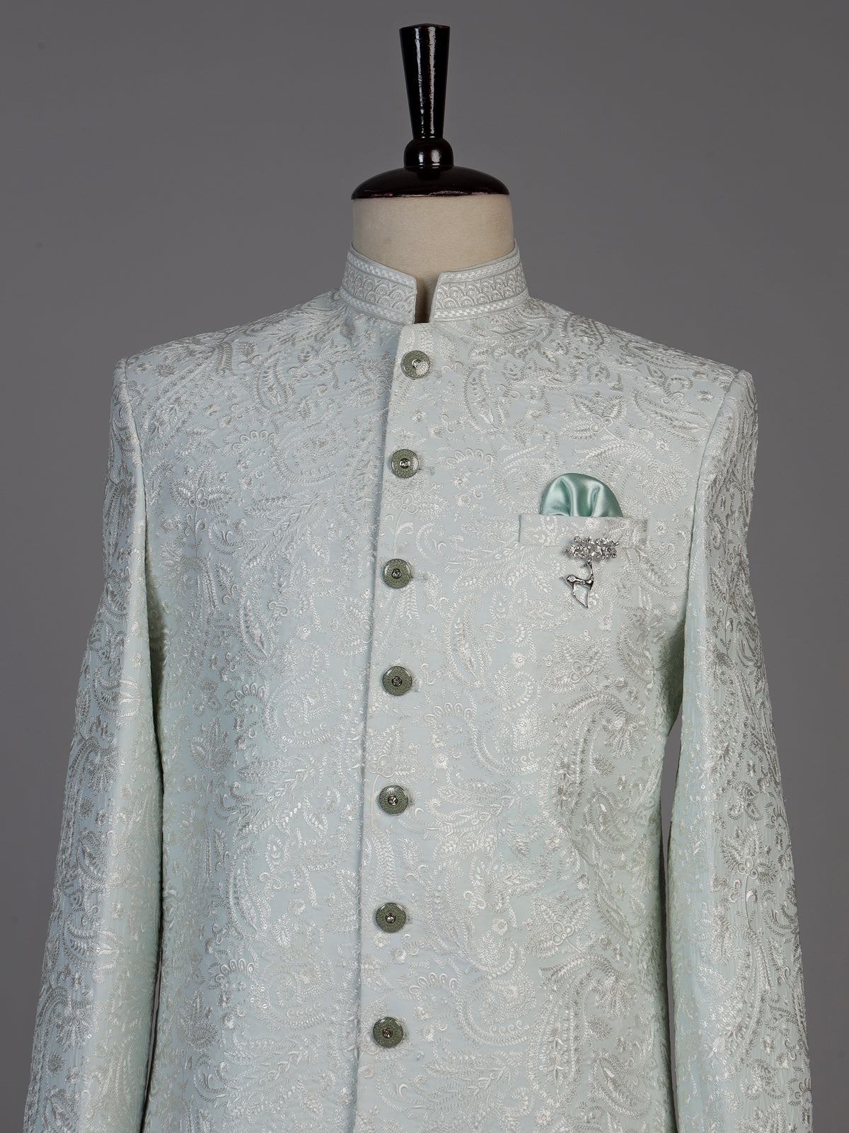 Sky blue mens paisley achkan indo western