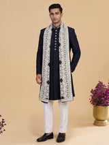 Navy blue mens pashmina embroidered indo western
