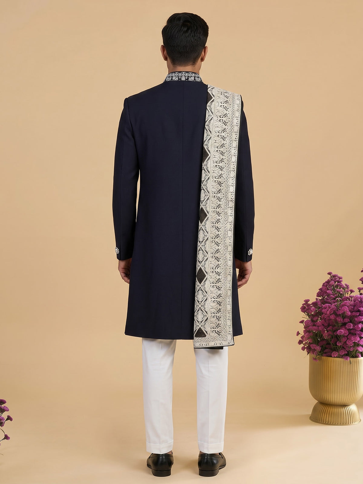 Navy blue mens pashmina embroidered indo western