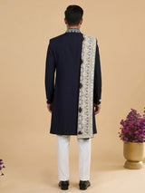 Navy blue mens pashmina embroidered indo western