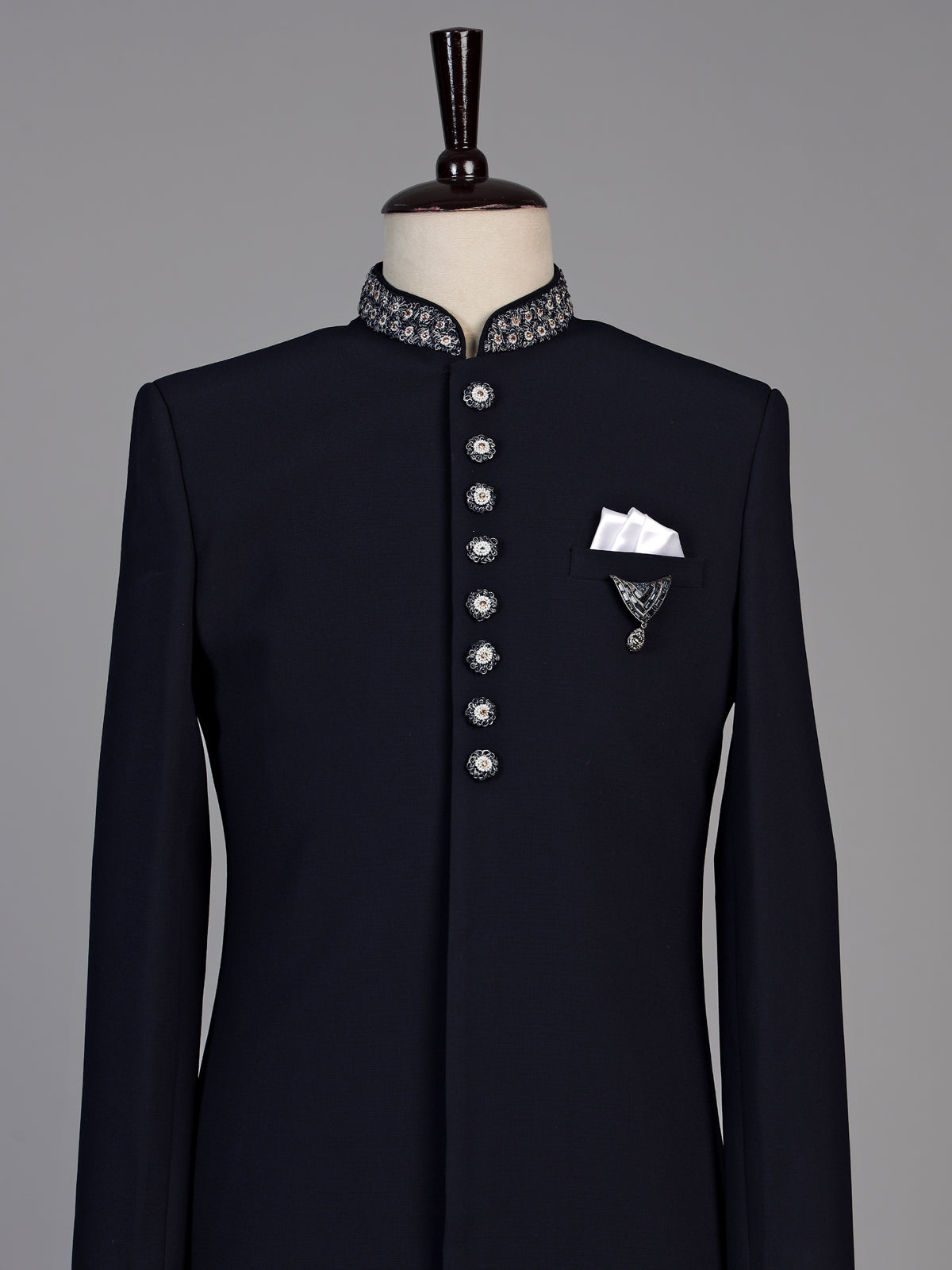 Navy blue mens pashmina embroidered indo western