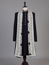 Navy blue mens pashmina embroidered indo western