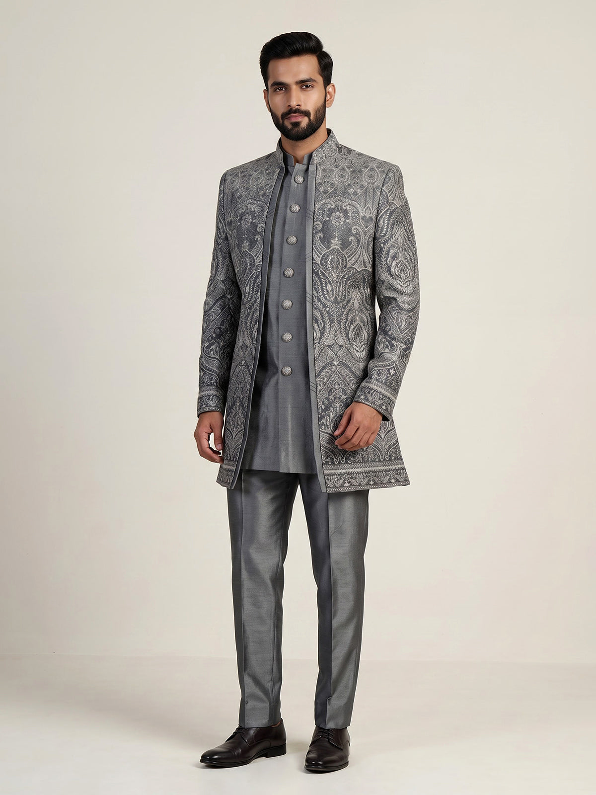 Grey mens damask brocade jacket indo western