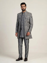 Grey mens damask brocade jacket indo western