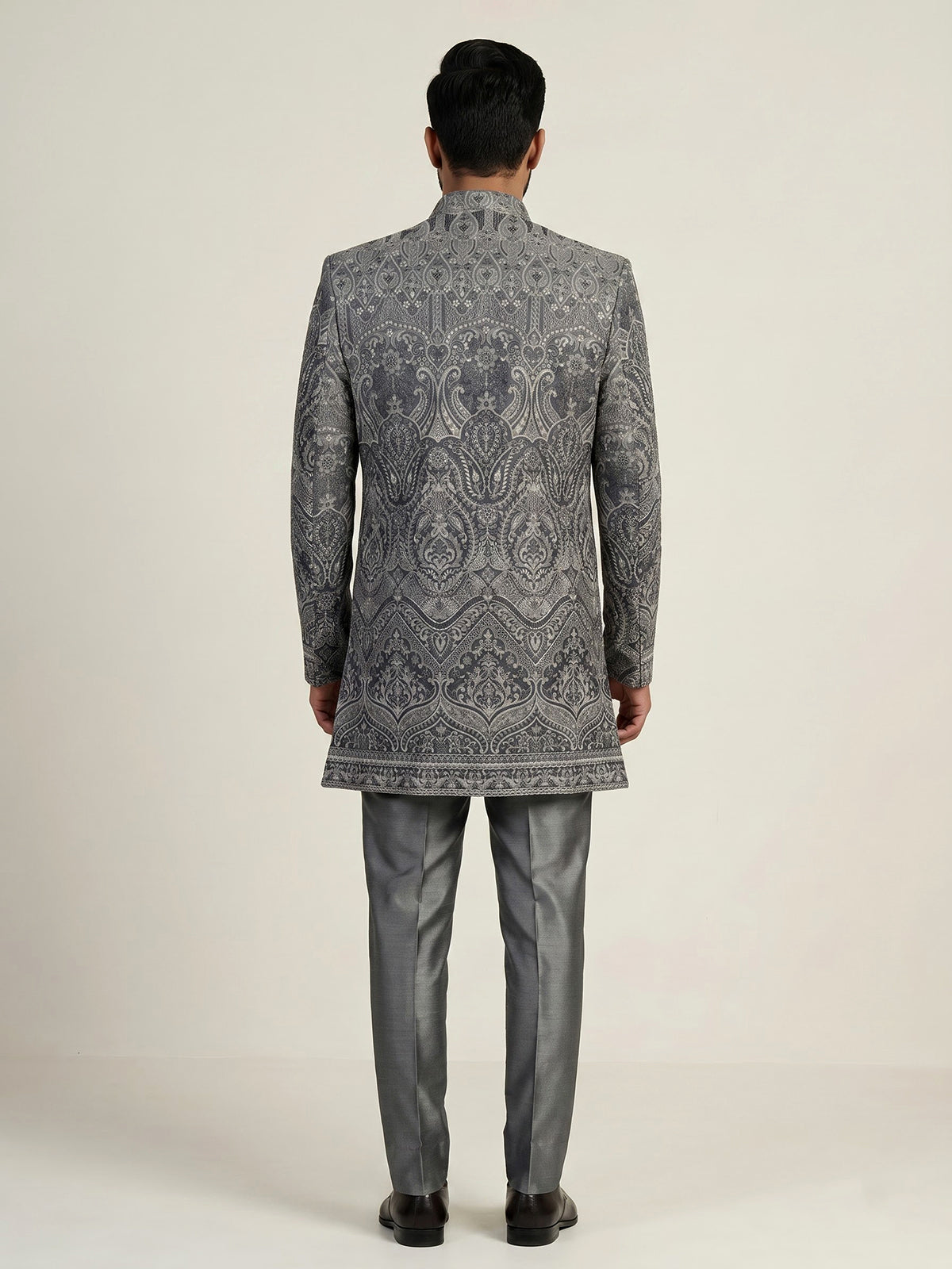 Grey mens damask brocade jacket indo western