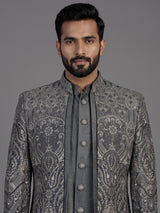 Grey mens damask brocade jacket indo western