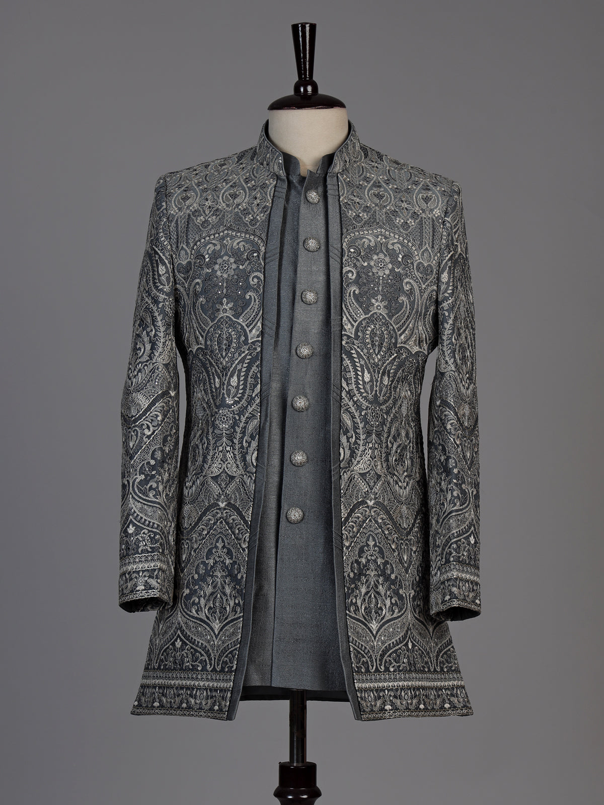 Grey mens damask brocade jacket indo western