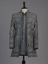 Grey mens damask brocade jacket indo western