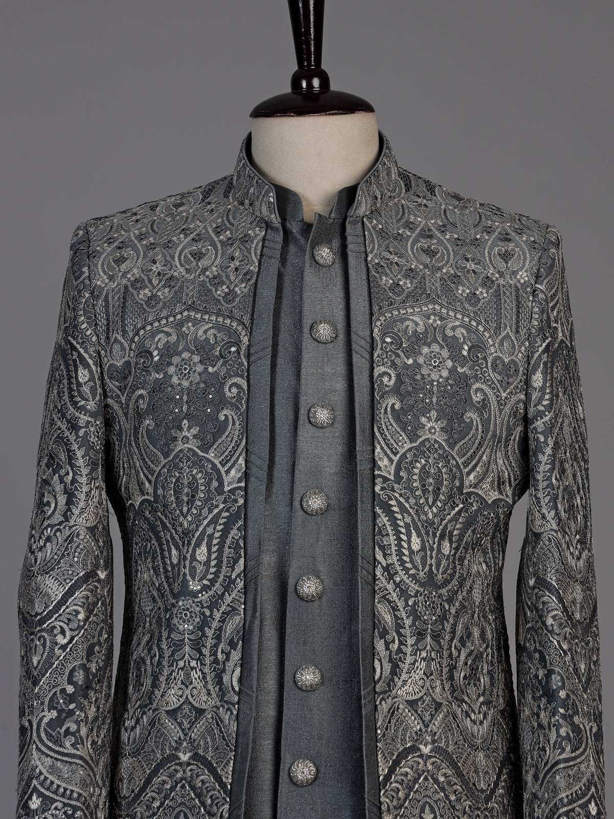 Grey mens damask brocade jacket indo western