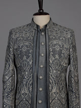 Grey mens damask brocade jacket indo western