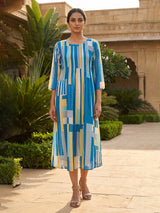 Blue cotton silk women elegant shirred floral kurti
