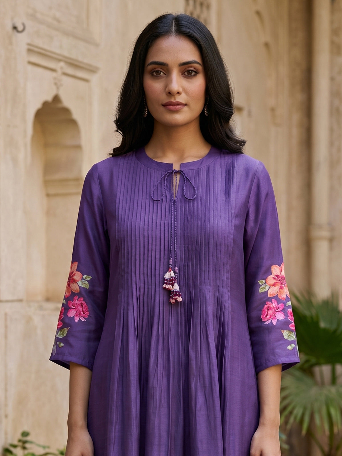 Purple cotton silk women artistic watercolor printed kurti