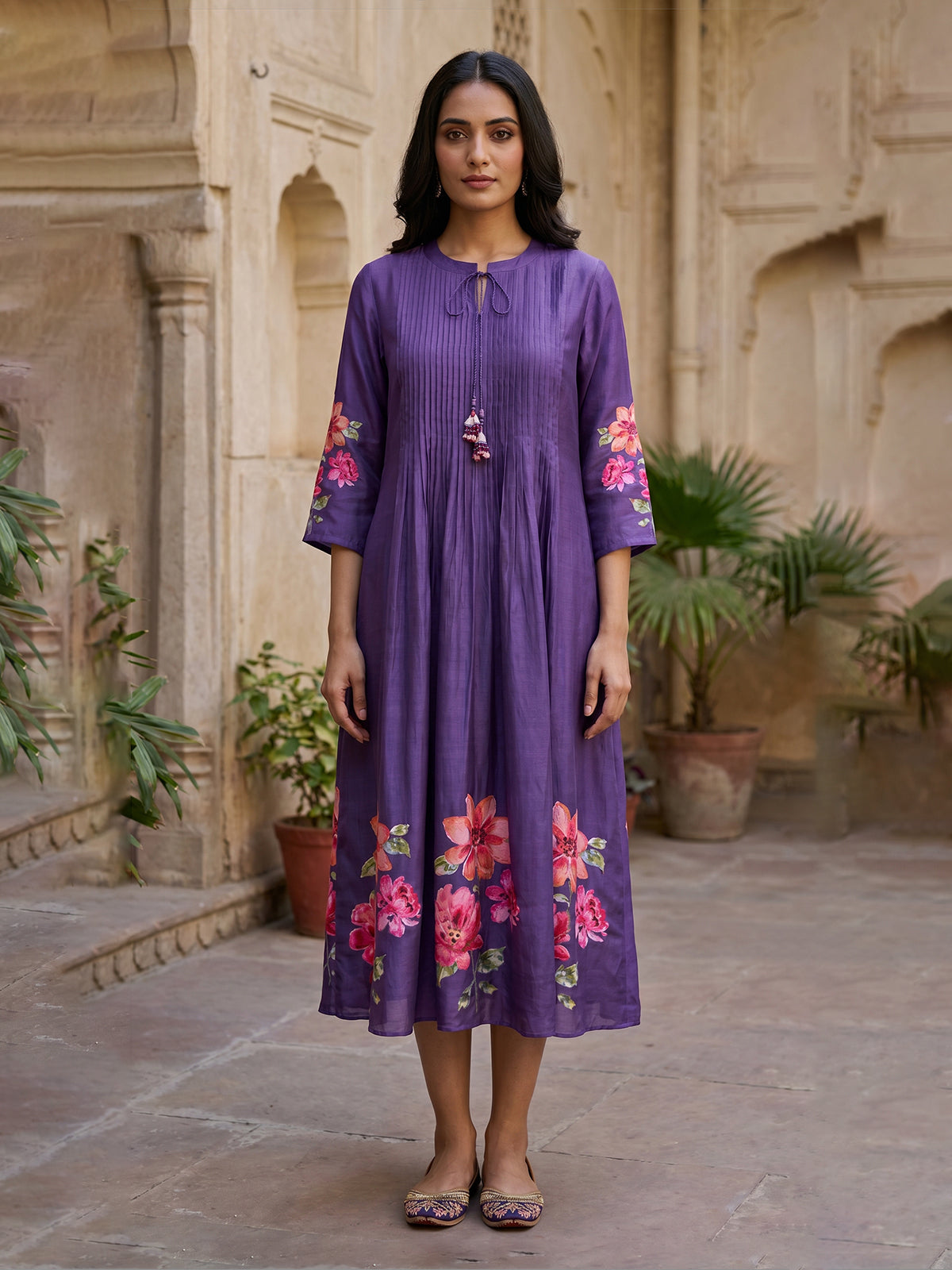 Purple cotton silk women artistic watercolor printed kurti