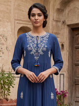 Blue cotton silk women regal Kashmiri floral kurti