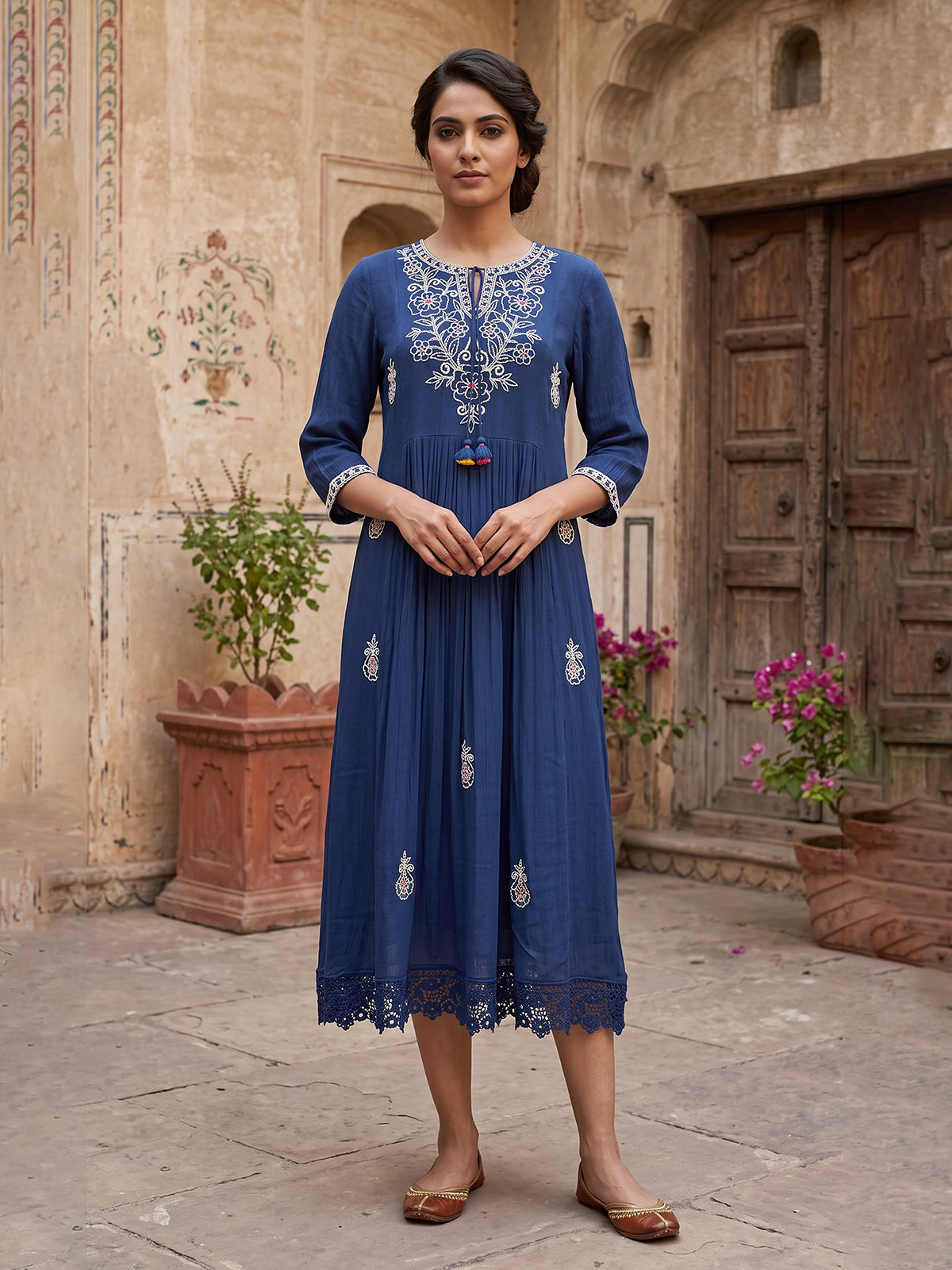 Blue cotton silk women regal Kashmiri floral kurti