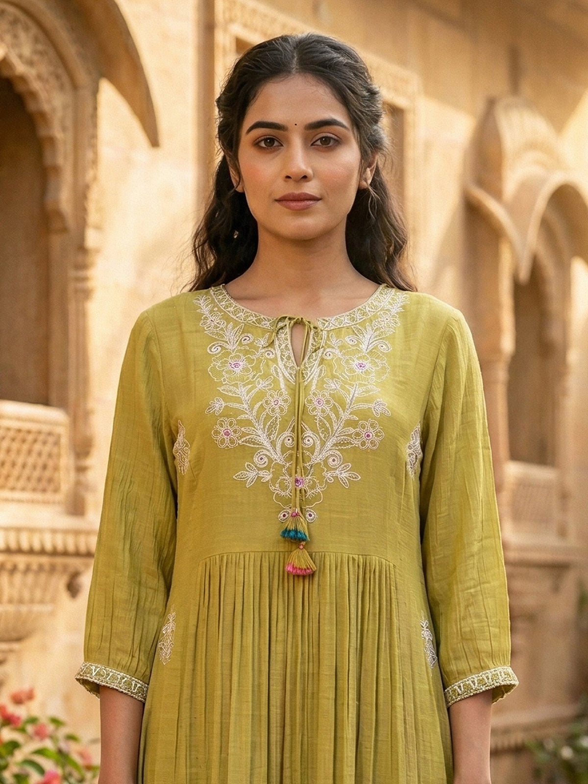 Mehendi green cotton silk women enchanting botanical kurti