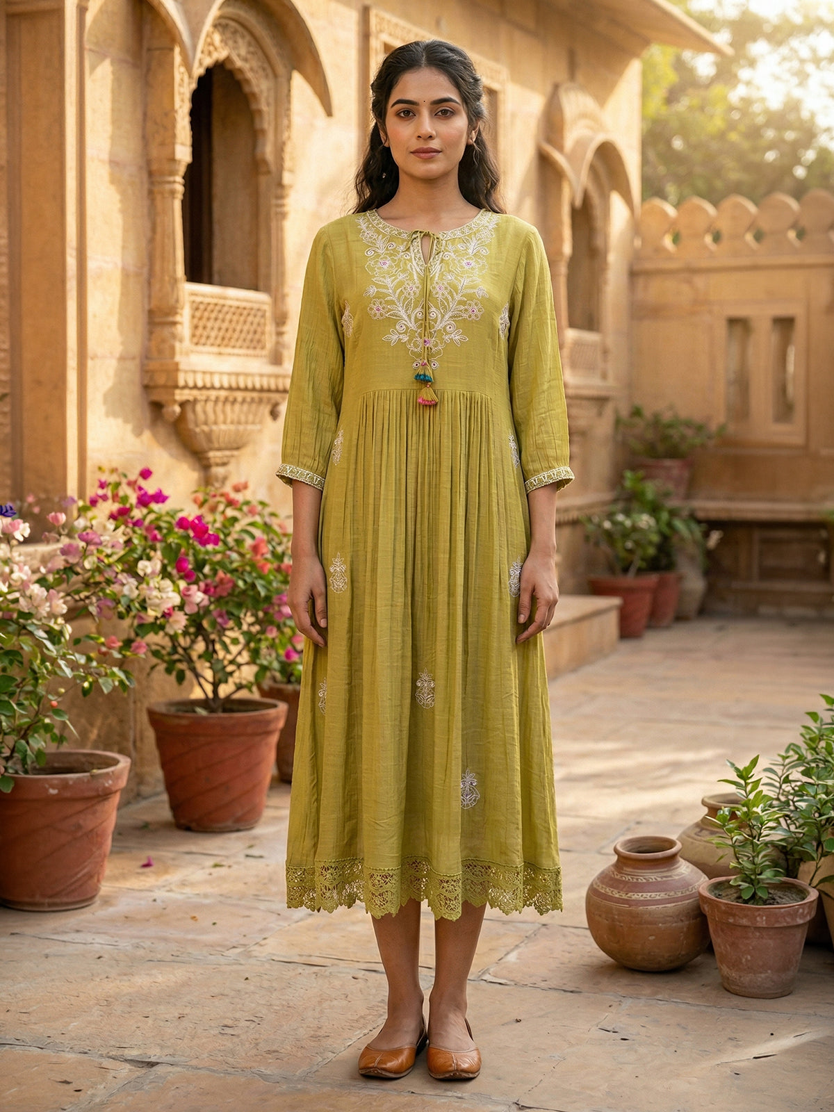 Mehendi green cotton silk women enchanting botanical kurti