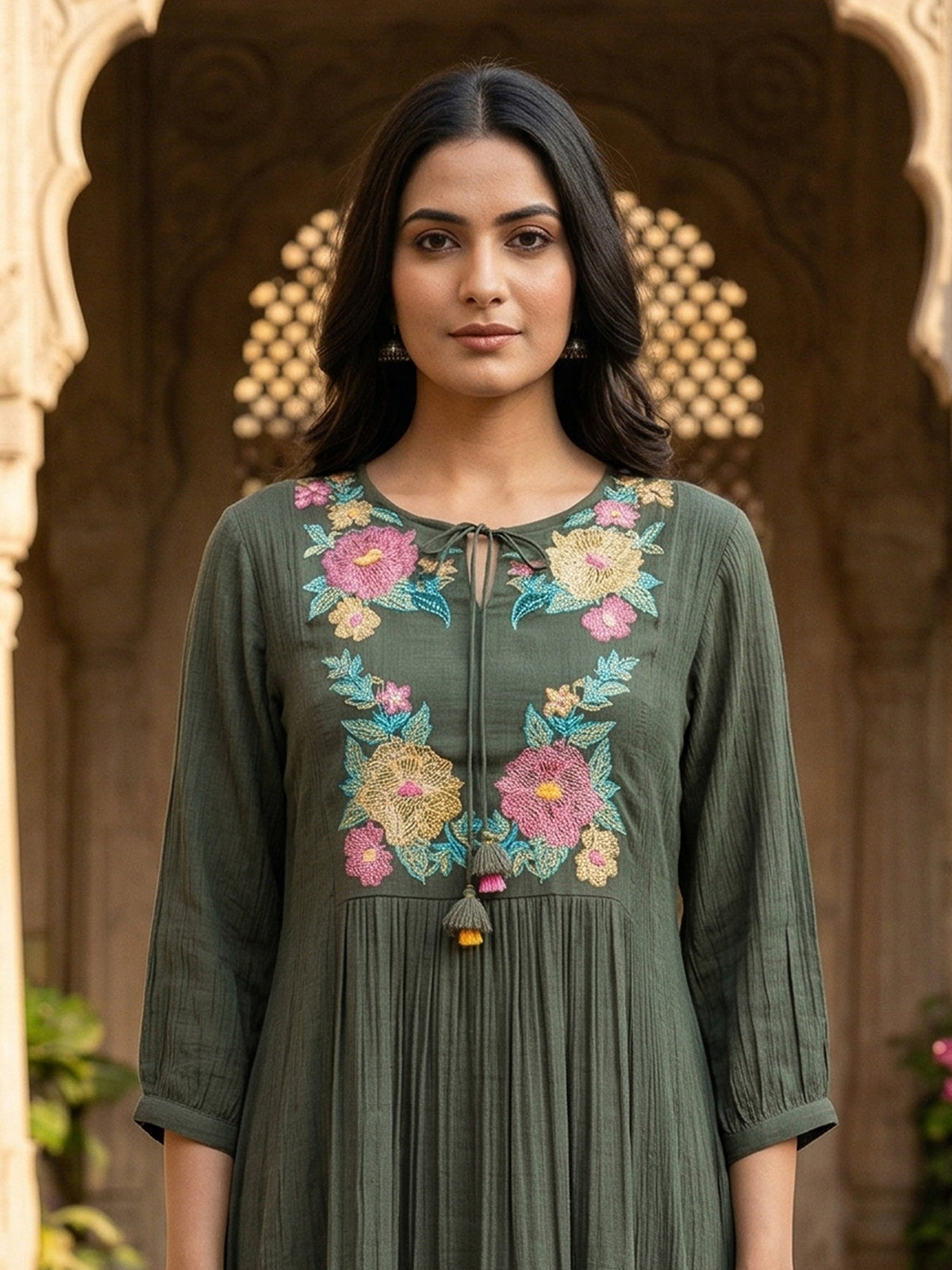 Olive cotton silk women chic tassel detail A-line kurti