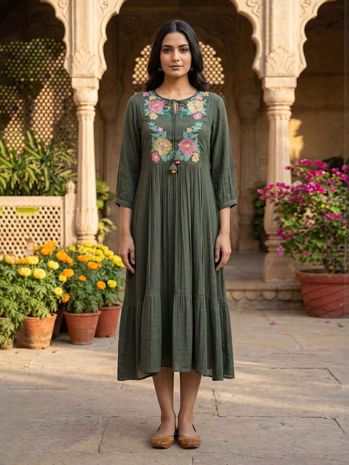 Olive cotton silk women chic tassel detail A-line kurti